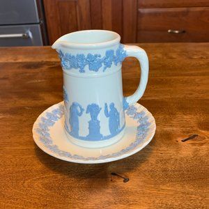 Wedgwood Embossed Queen's Ware Lavender on Cream 4” H Mini Pitcher w Underplate